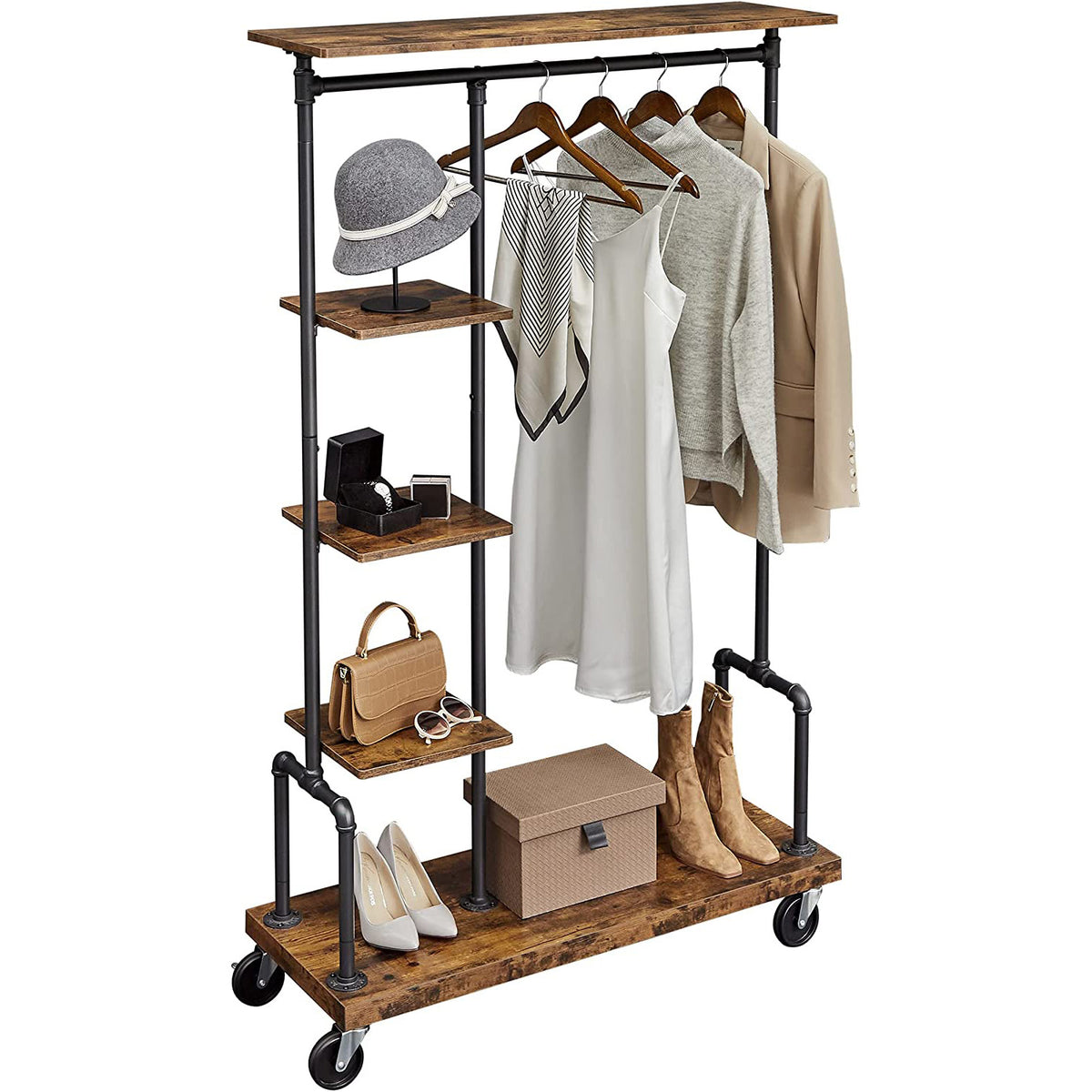Kledingrek op Wielen met 5 Planken, Metaal in Houtlook, Vintagebruin