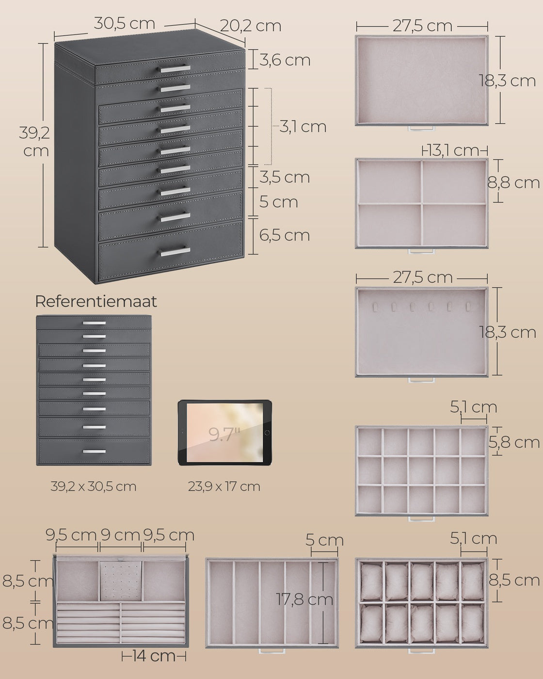 Sieradendoos met 8 Niveaus, 7 Laden en Grote Spiegel, 29 x 20,2 x 36,7 cm