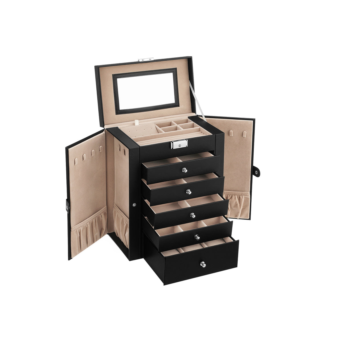 Grote Sieradendoos met 6 Niveaus, Scharnierende Zijdeuren, Laden en Spiegel
