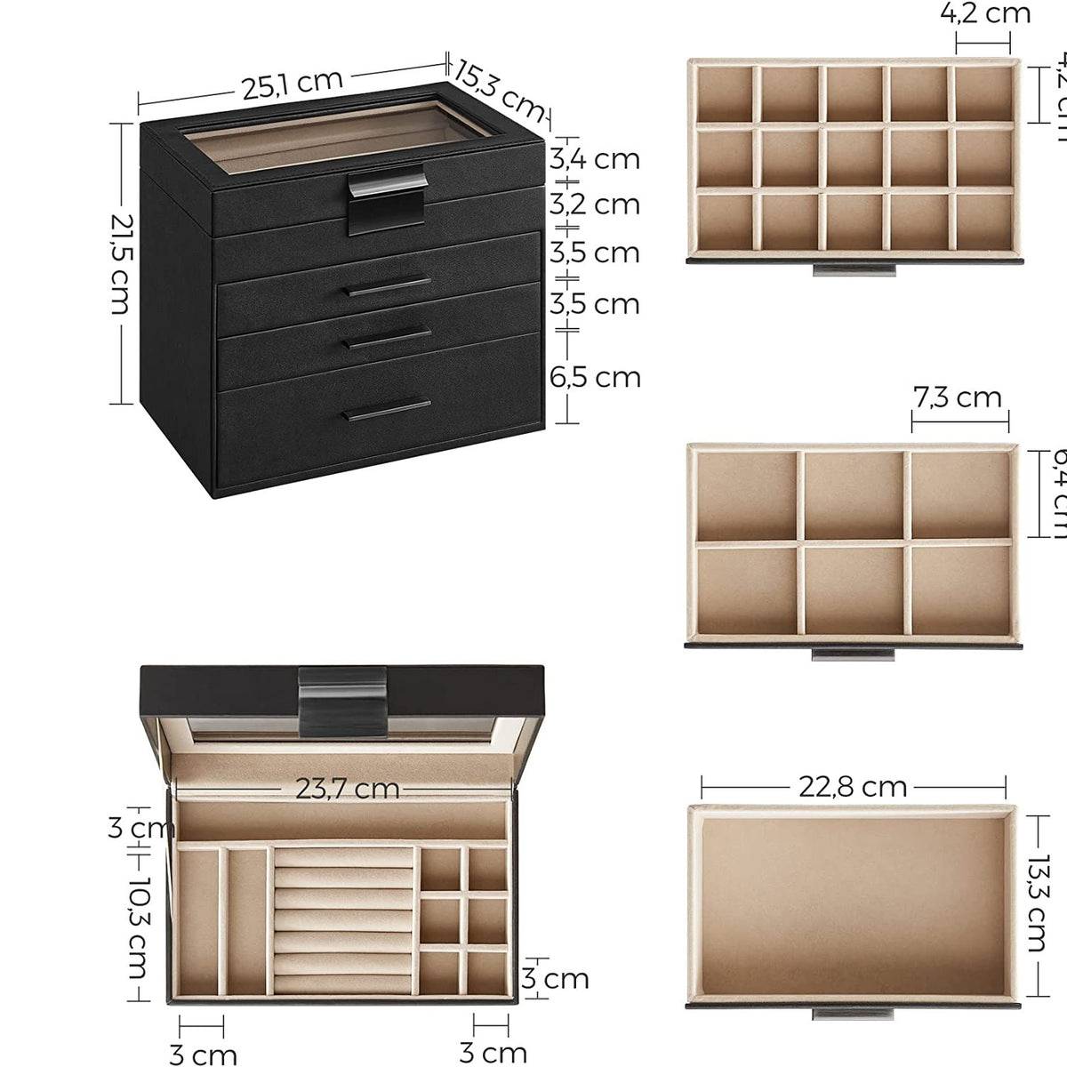Sieradendoos met Glazen Deksel, 4 Niveaus en 3 Laden, 15,3 x 25,1 x 21,5 cm