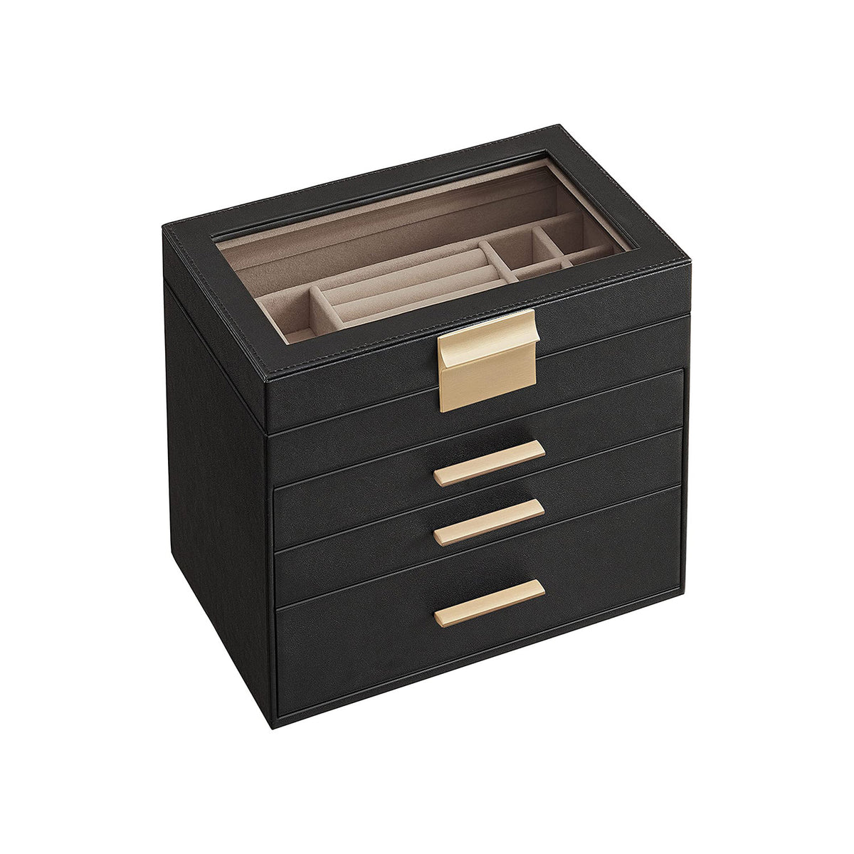 Sieradendoos met Glazen Deksel, 4 Niveaus en 3 Laden, 15,3 x 25,1 x 21,5 cm