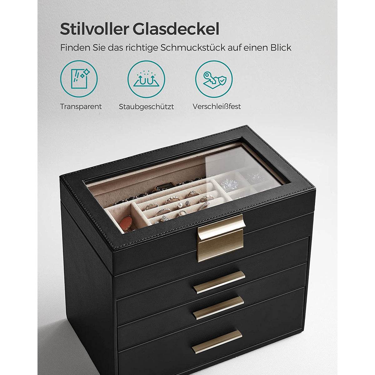 Sieradendoos met Glazen Deksel, 4 Niveaus en 3 Laden, 15,3 x 25,1 x 21,5 cm