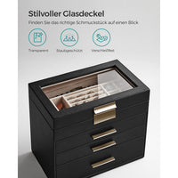 Sieradendoos met Glazen Deksel, 4 Niveaus en 3 Laden, 15,3 x 25,1 x 21,5 cm