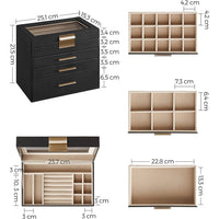 Sieradendoos met Glazen Deksel, 4 Niveaus en 3 Laden, 15,3 x 25,1 x 21,5 cm