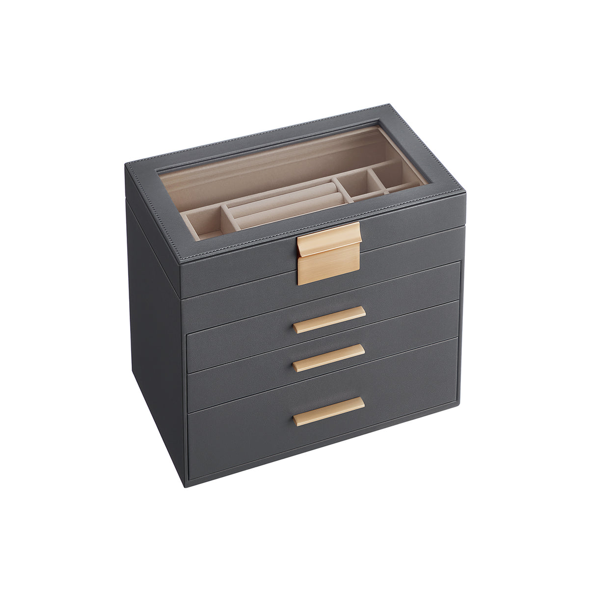 Sieradendoos met Glazen Deksel, 4 Niveaus en 3 Laden, 15,3 x 25,1 x 21,5 cm