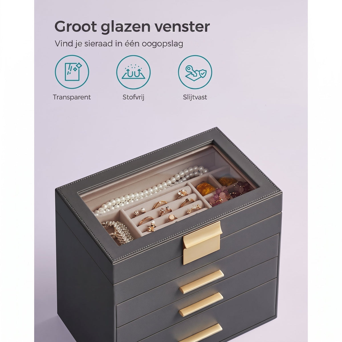 Sieradendoos met Glazen Deksel, 4 Niveaus en 3 Laden, 15,3 x 25,1 x 21,5 cm