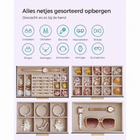 Sieradendoos met Glazen Deksel, 4 Niveaus en 3 Laden, 15,3 x 25,1 x 21,5 cm