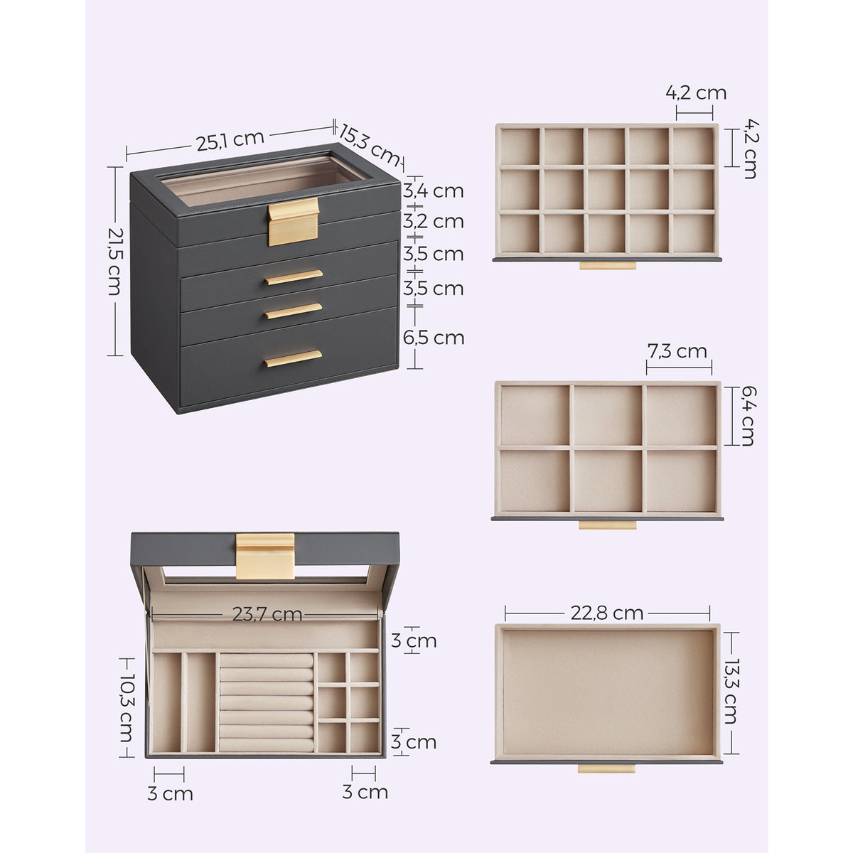 Sieradendoos met Glazen Deksel, 4 Niveaus en 3 Laden, 15,3 x 25,1 x 21,5 cm