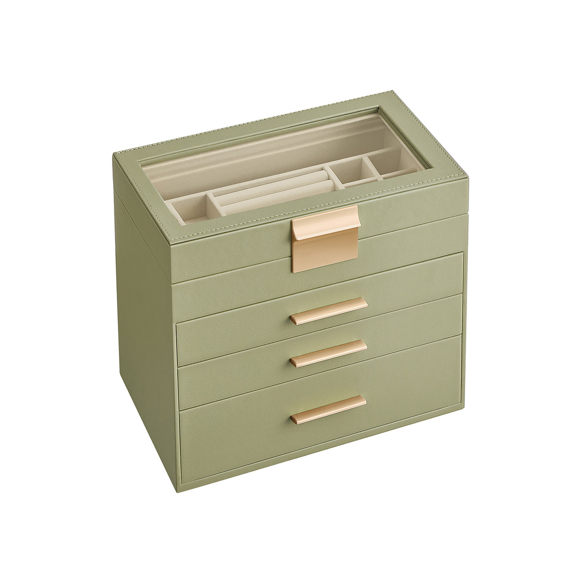 Sieradendoos met Glazen Deksel, 4 Niveaus en 3 Laden, 15,3 x 25,1 x 21,5 cm