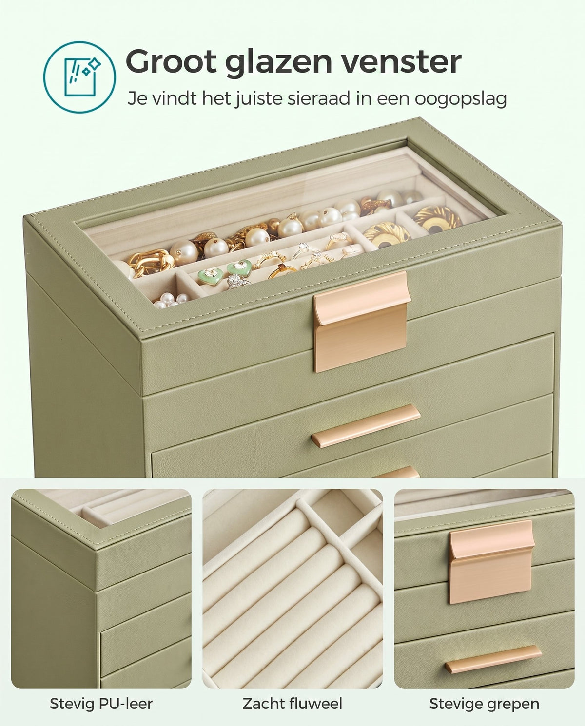 Sieradendoos met Glazen Deksel, 4 Niveaus en 3 Laden, 15,3 x 25,1 x 21,5 cm