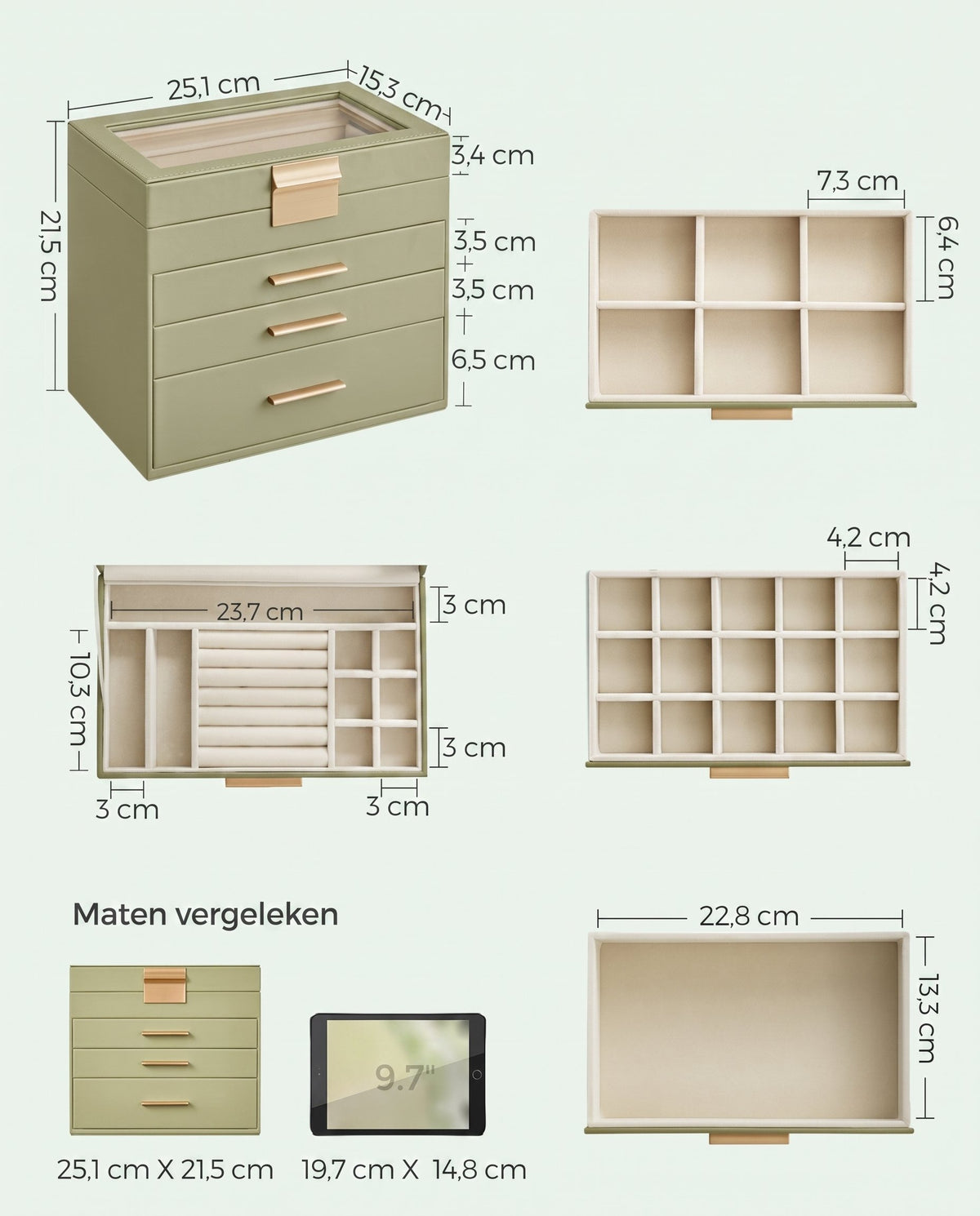 Sieradendoos met Glazen Deksel, 4 Niveaus en 3 Laden, 15,3 x 25,1 x 21,5 cm