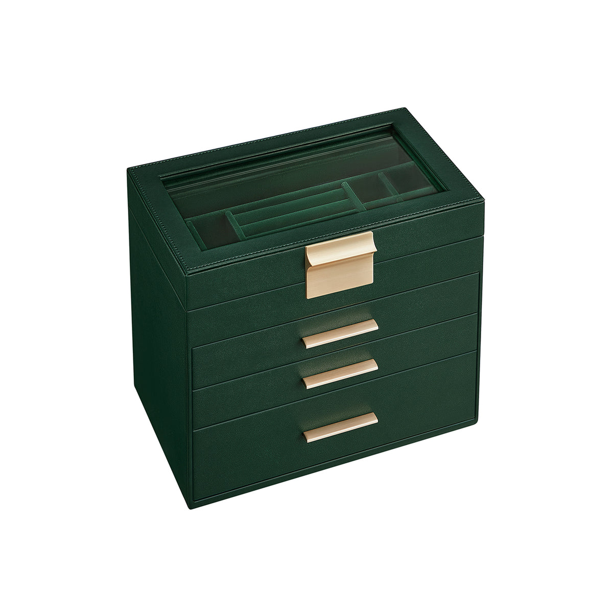 Sieradendoos met Glazen Deksel, 4 Niveaus en 3 Laden, 15,3 x 25,1 x 21,5 cm