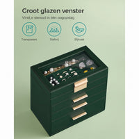 Sieradendoos met Glazen Deksel, 4 Niveaus en 3 Laden, 15,3 x 25,1 x 21,5 cm