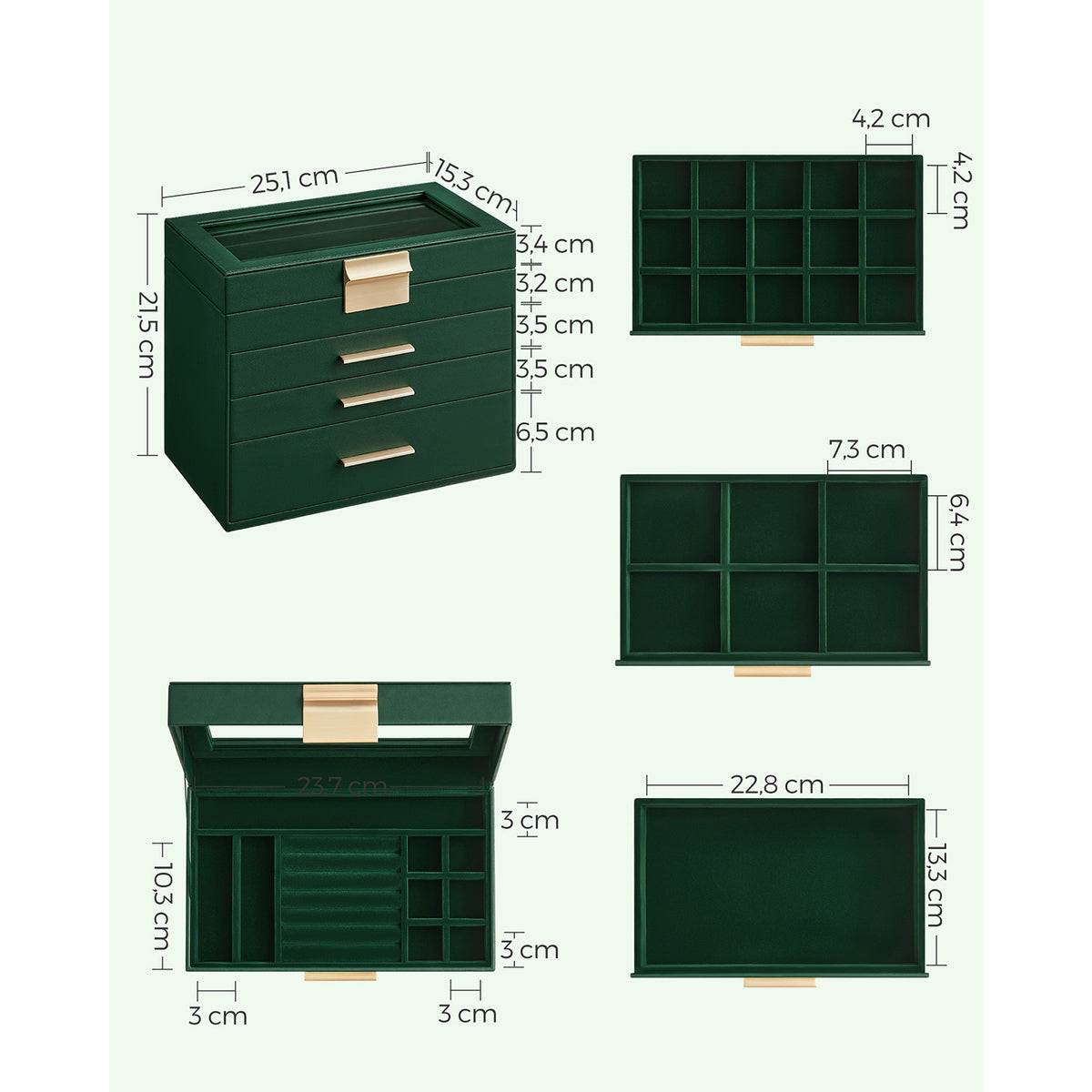 Sieradendoos met Glazen Deksel, 4 Niveaus en 3 Laden, 15,3 x 25,1 x 21,5 cm