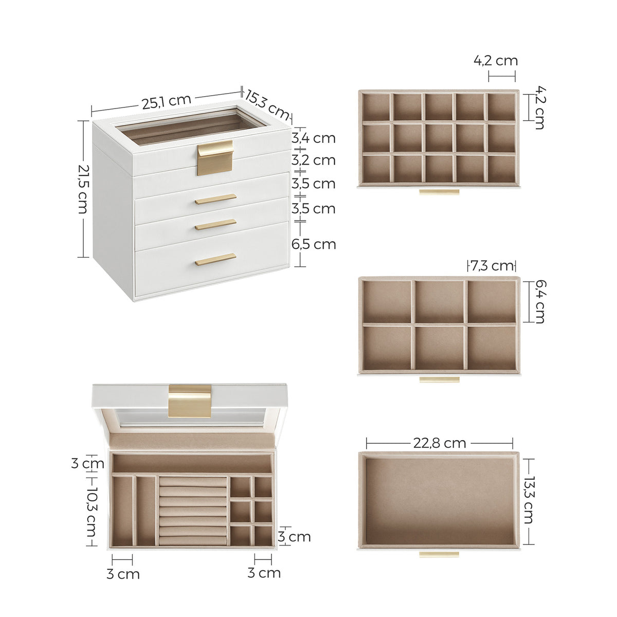 Sieradendoos met Glazen Deksel, 4 Niveaus en 3 Laden, 15,3 x 25,1 x 21,5 cm