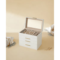 Sieradendoos met Glazen Deksel, 4 Niveaus en 3 Laden, 15,3 x 25,1 x 21,5 cm