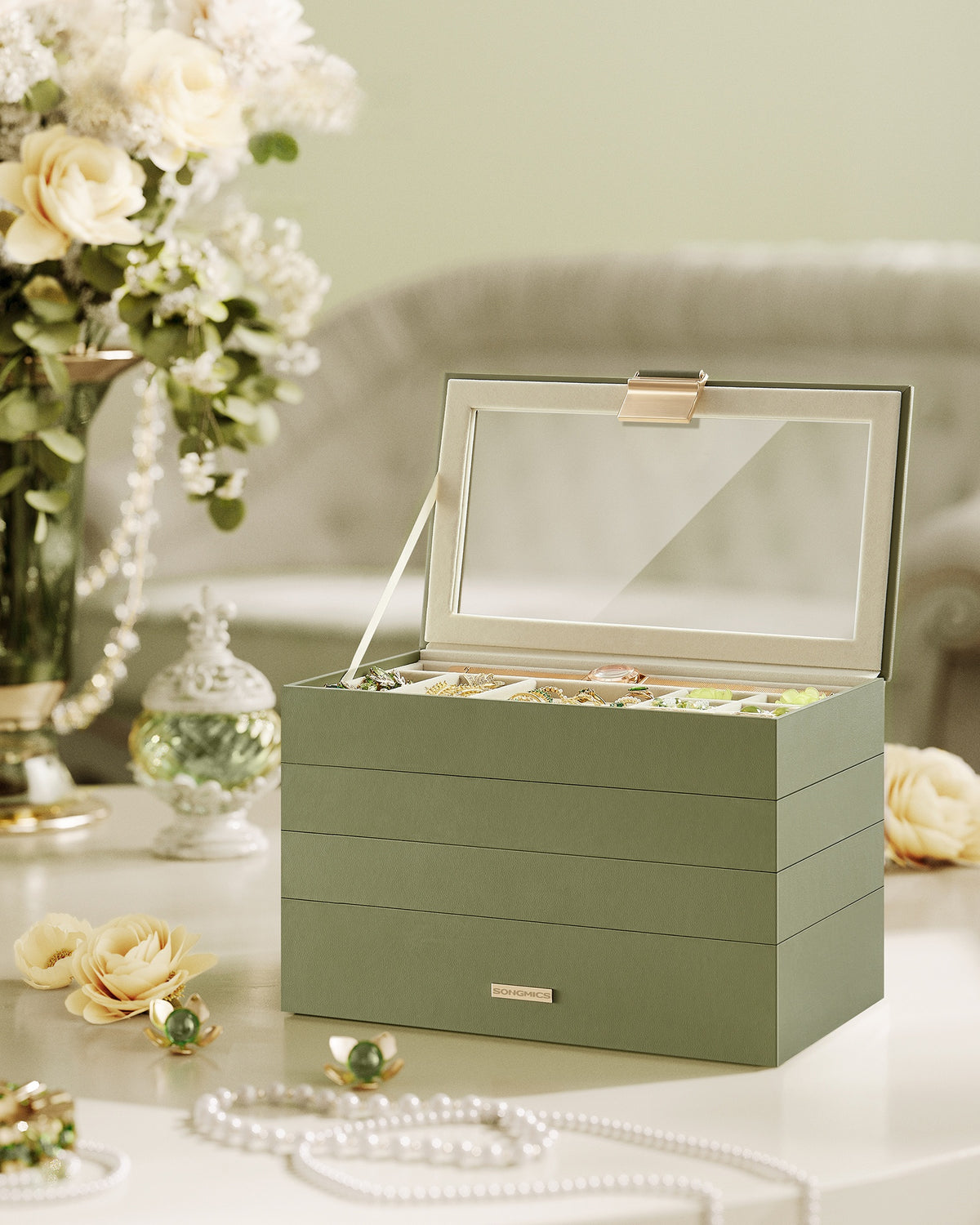 Stapelbare Sieradendoos met Glazen Deksel en Uitneembare Bakjes, 2, 4 of 6 Niveaus