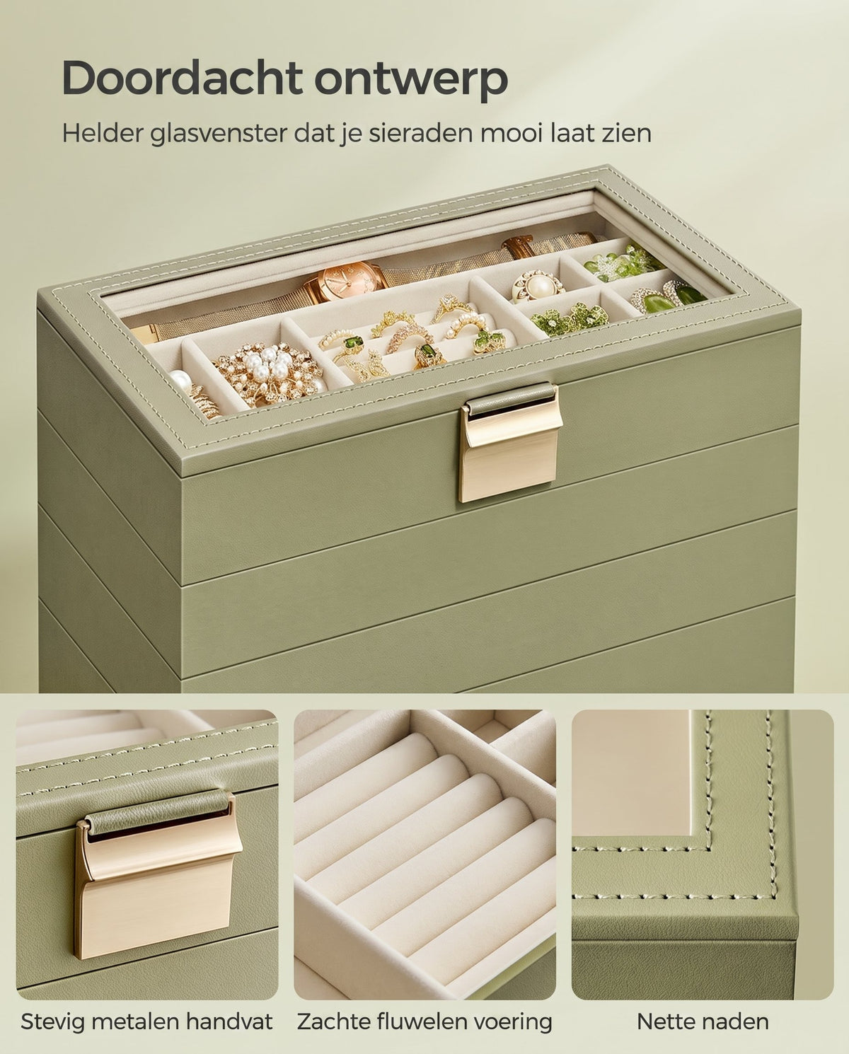 Stapelbare Sieradendoos met Glazen Deksel en Uitneembare Bakjes, 2, 4 of 6 Niveaus
