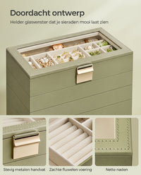Stapelbare Sieradendoos met Glazen Deksel en Uitneembare Bakjes, 2, 4 of 6 Niveaus