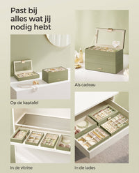 Stapelbare Sieradendoos met Glazen Deksel en Uitneembare Bakjes, 2, 4 of 6 Niveaus