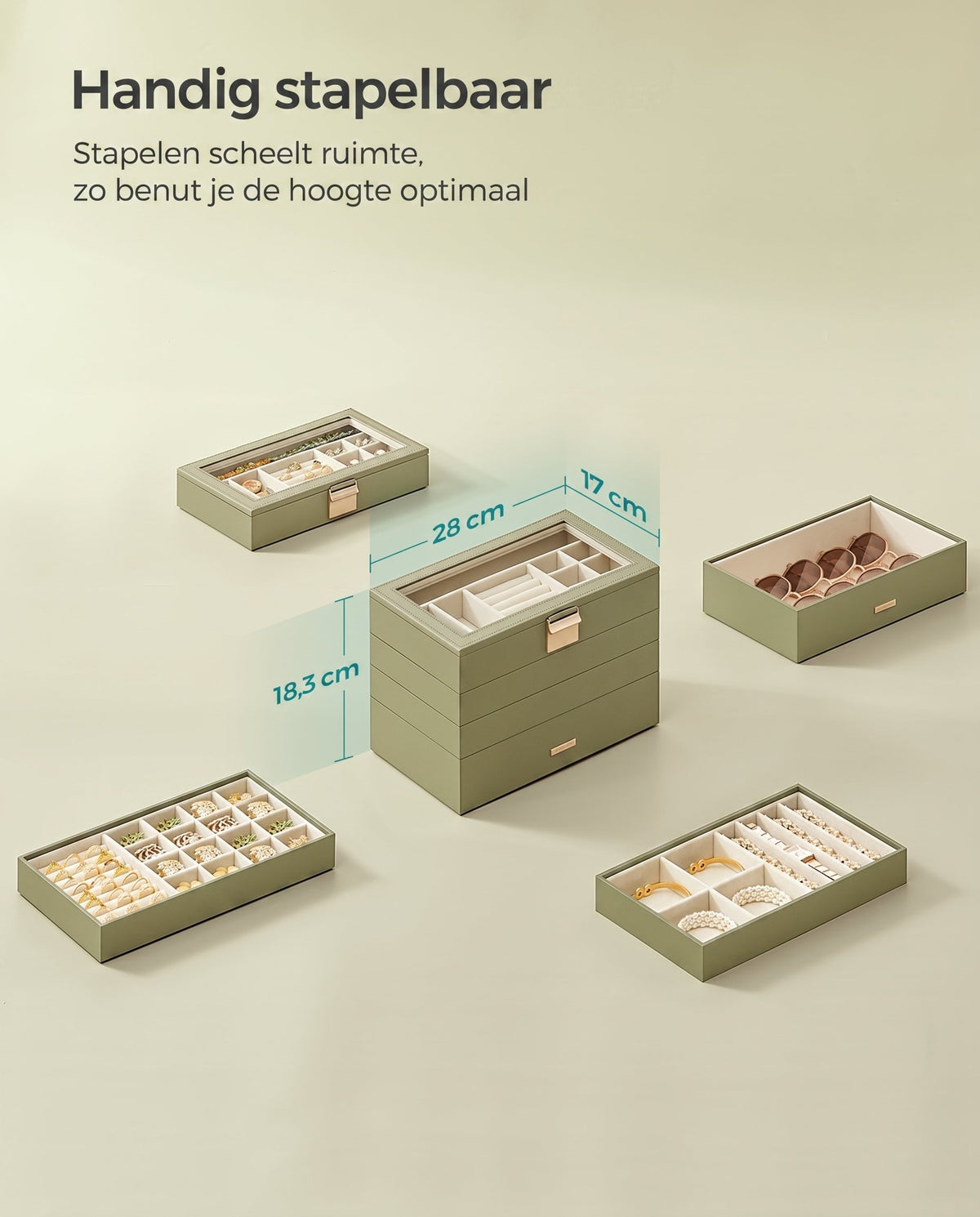 Stapelbare Sieradendoos met Glazen Deksel en Uitneembare Bakjes, 2, 4 of 6 Niveaus