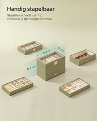 Stapelbare Sieradendoos met Glazen Deksel en Uitneembare Bakjes, 2, 4 of 6 Niveaus