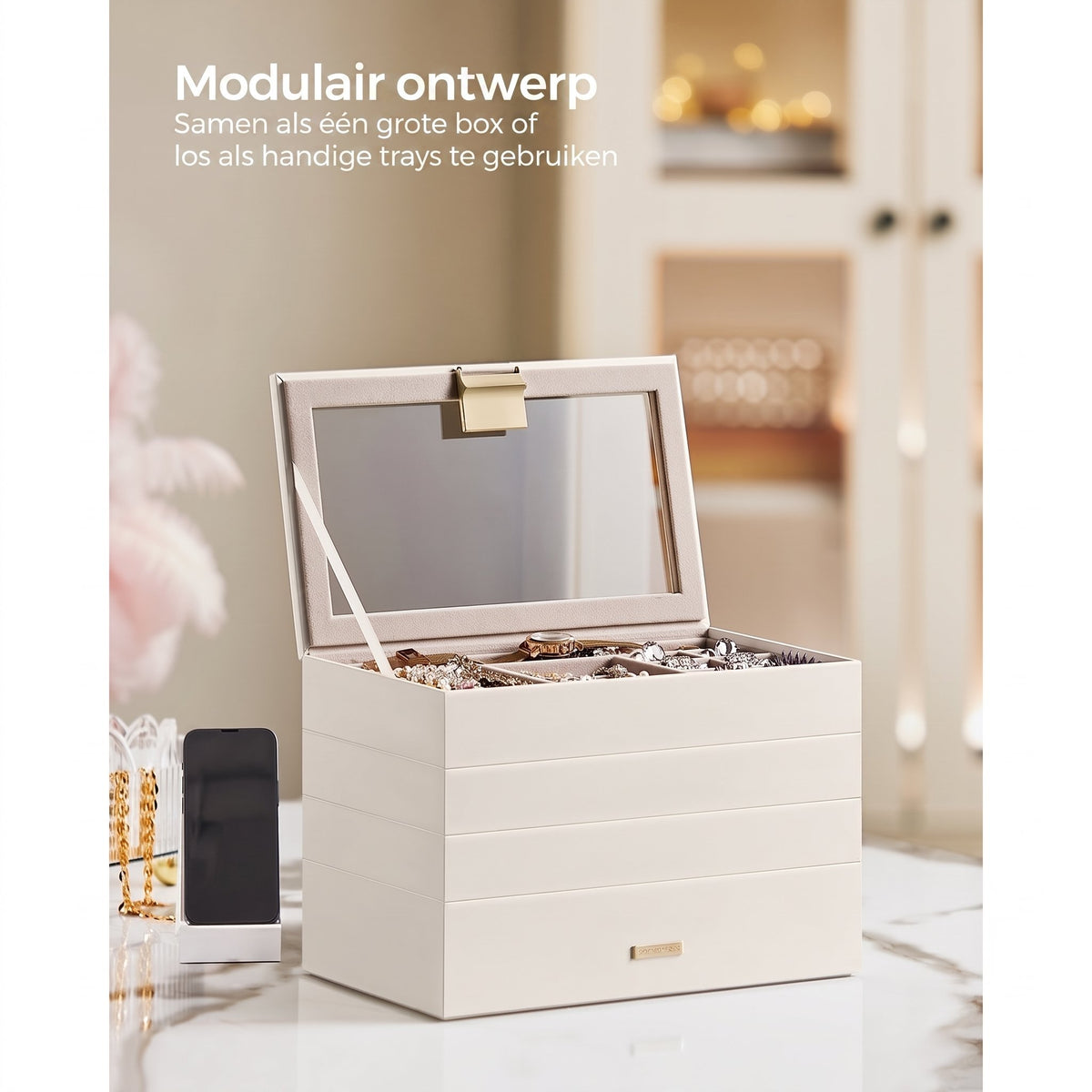 Stapelbare Sieradendoos met Glazen Deksel en Uitneembare Bakjes, 2, 4 of 6 Niveaus