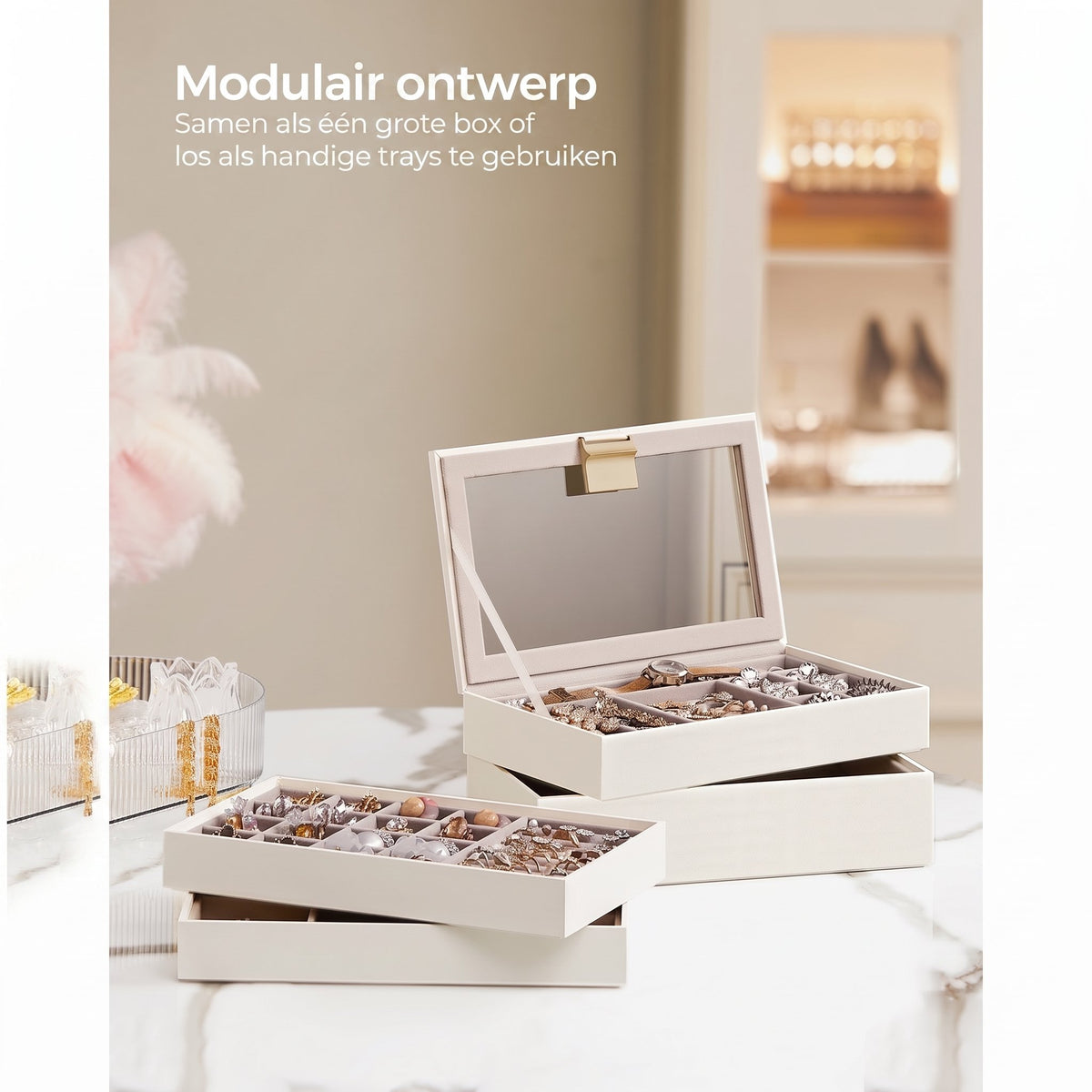 Stapelbare Sieradendoos met Glazen Deksel en Uitneembare Bakjes, 2, 4 of 6 Niveaus