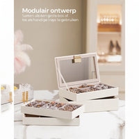 Stapelbare Sieradendoos met Glazen Deksel en Uitneembare Bakjes, 2, 4 of 6 Niveaus