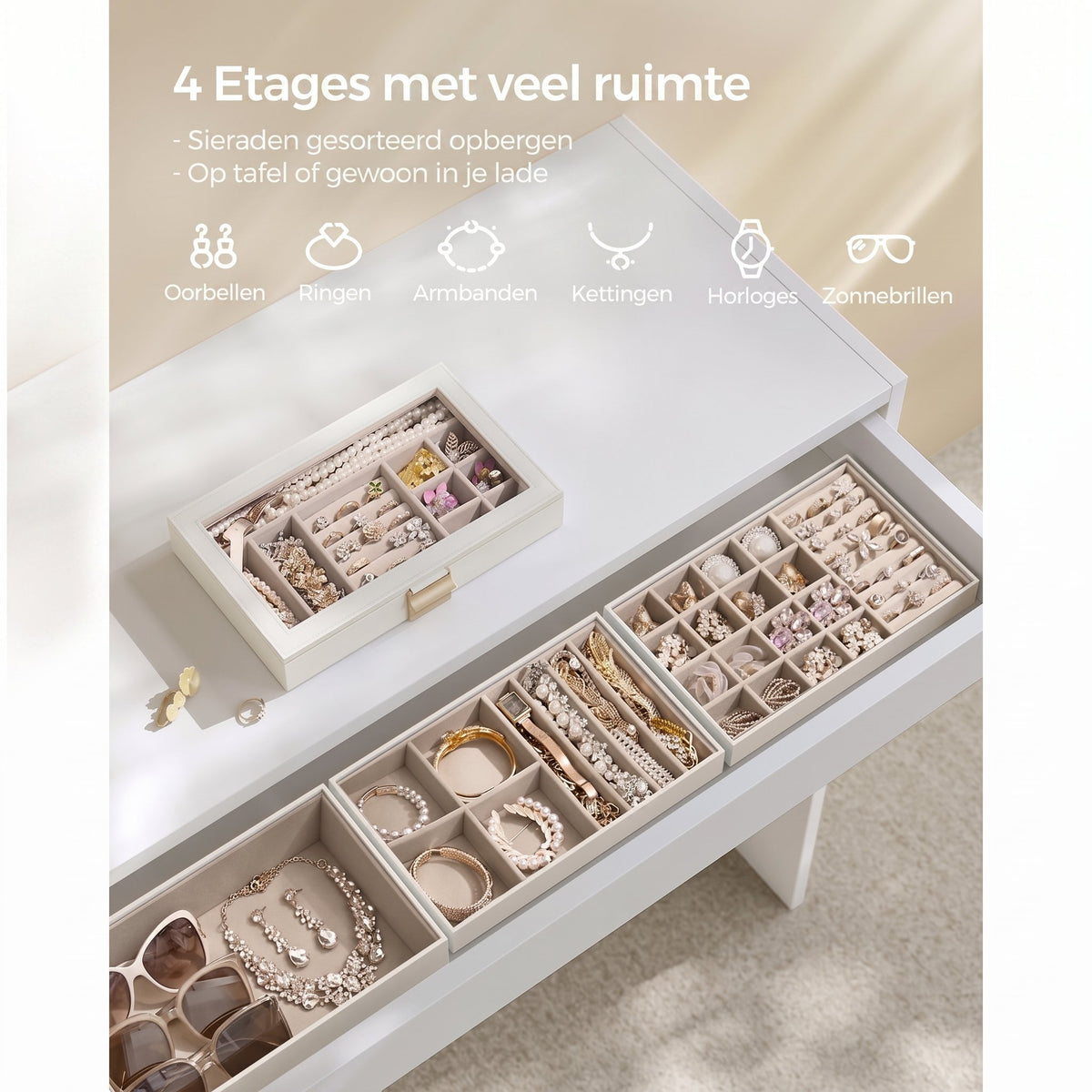 Stapelbare Sieradendoos met Glazen Deksel en Uitneembare Bakjes, 2, 4 of 6 Niveaus