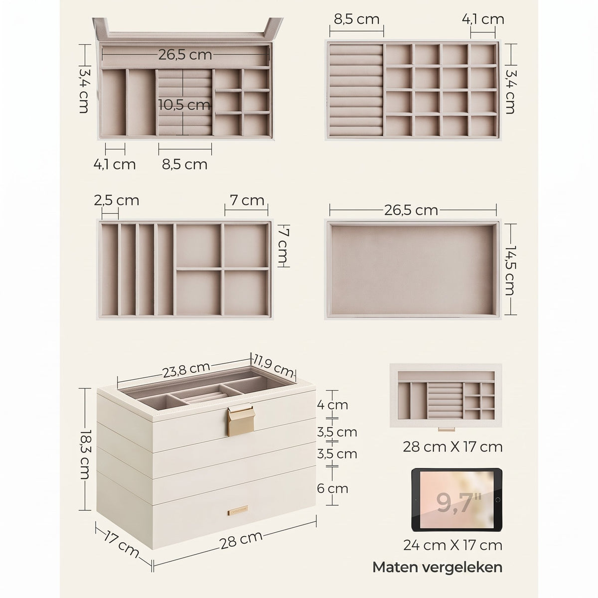 Stapelbare Sieradendoos met Glazen Deksel en Uitneembare Bakjes, 2, 4 of 6 Niveaus