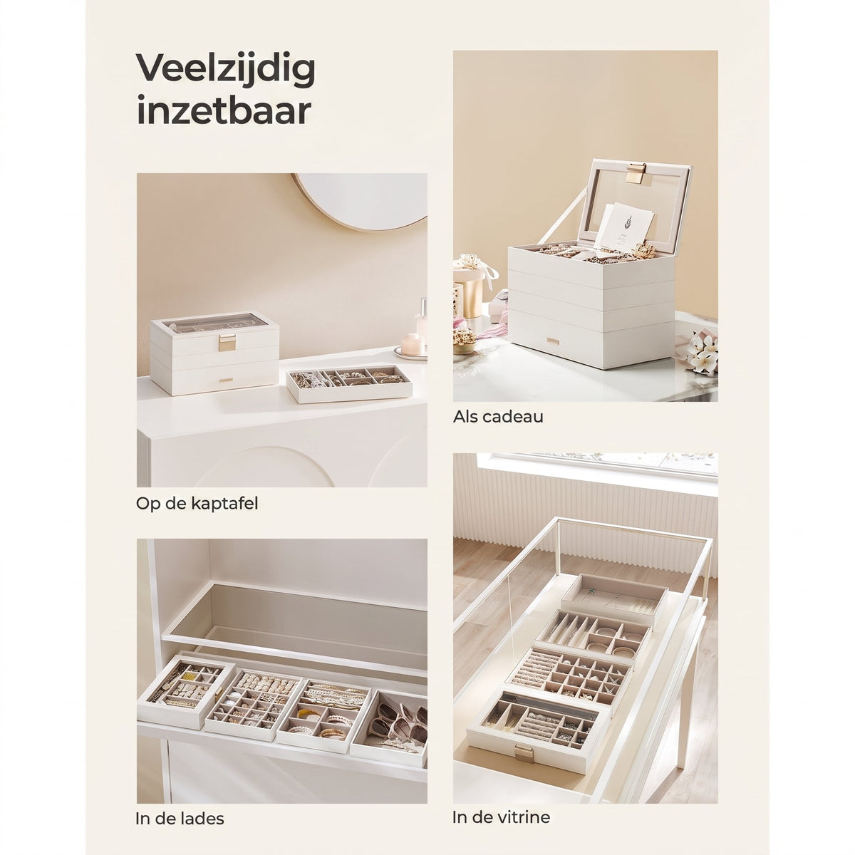 Stapelbare Sieradendoos met Glazen Deksel en Uitneembare Bakjes, 2, 4 of 6 Niveaus