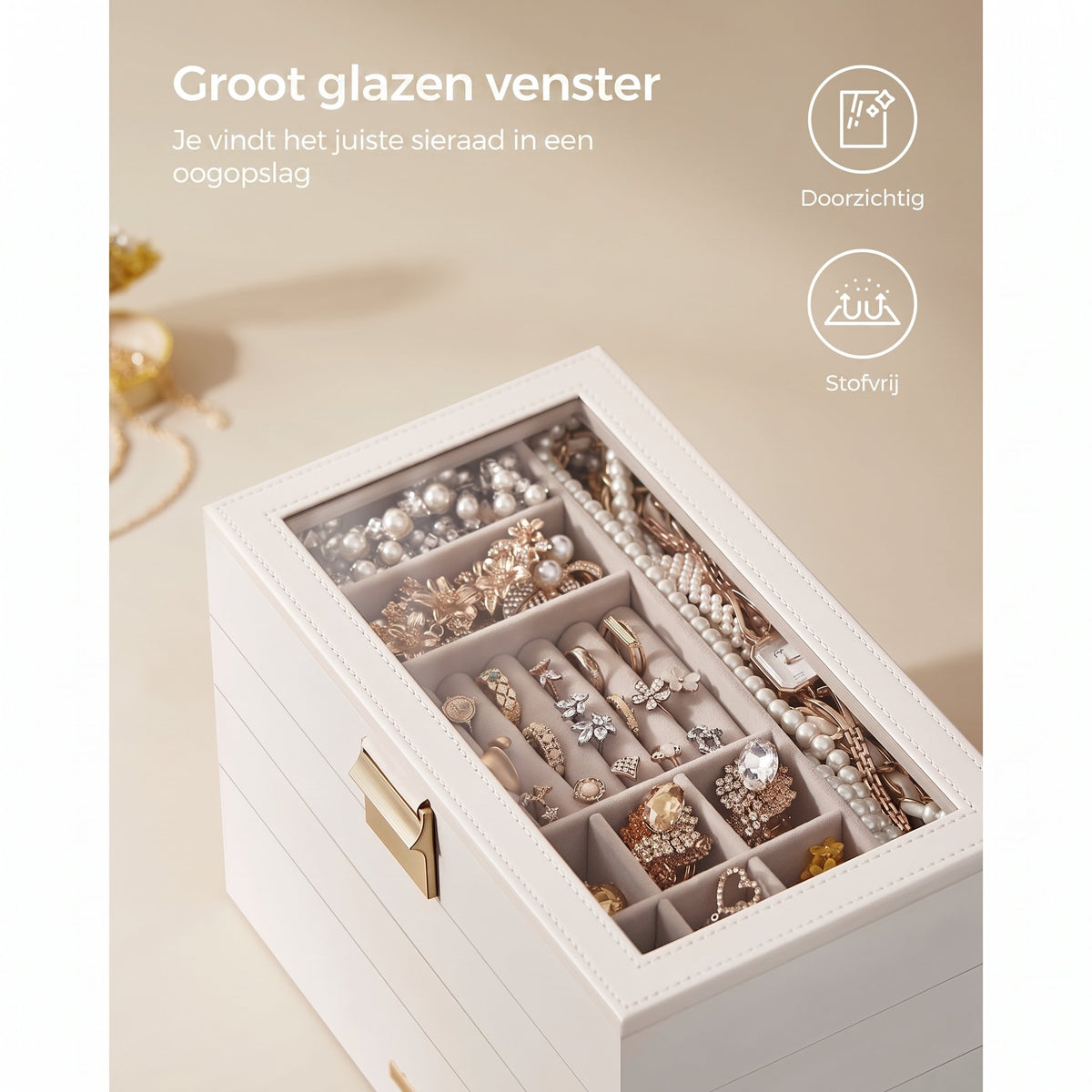Stapelbare Sieradendoos met Glazen Deksel en Uitneembare Bakjes, 2, 4 of 6 Niveaus