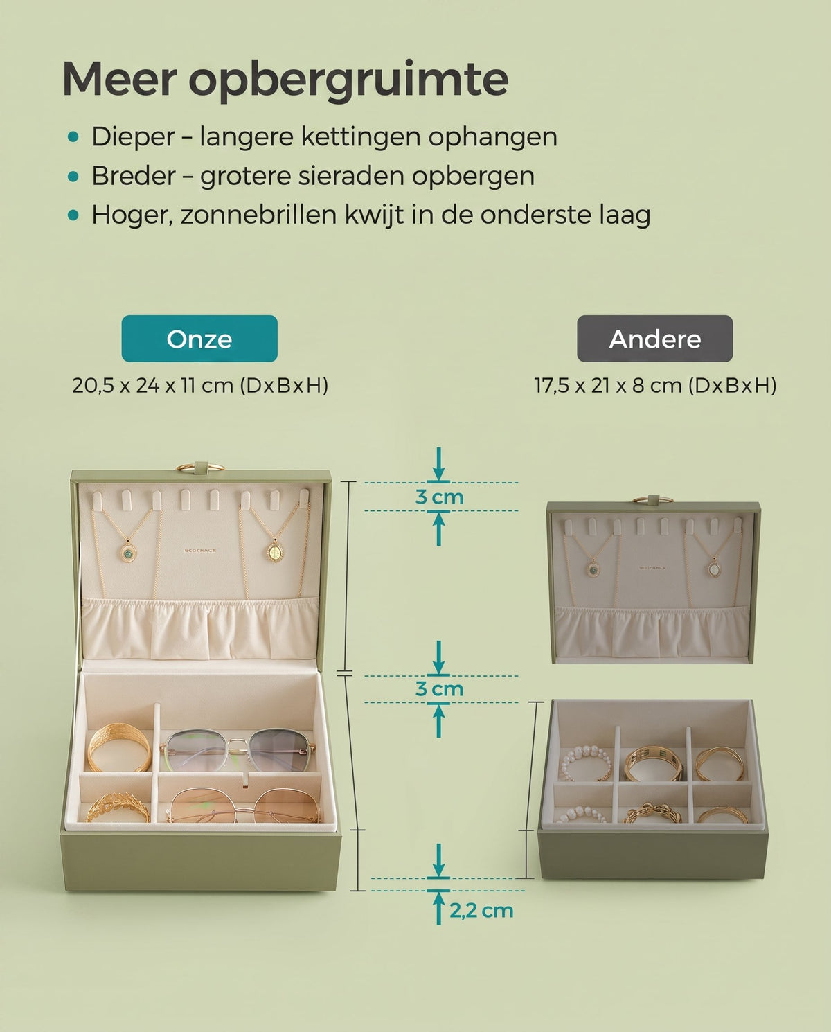 Sieradendoos met 2 Niveaus, Handvat en Flexibel Sieradenbakje, 20,5 x 24 x 11 cm