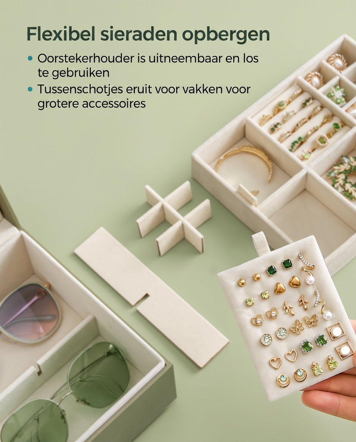 Sieradendoos met 2 Niveaus, Handvat en Flexibel Sieradenbakje, 20,5 x 24 x 11 cm
