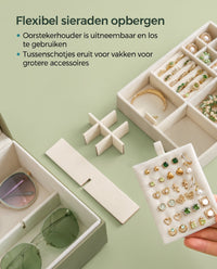 Sieradendoos met 2 Niveaus, Handvat en Flexibel Sieradenbakje, 20,5 x 24 x 11 cm