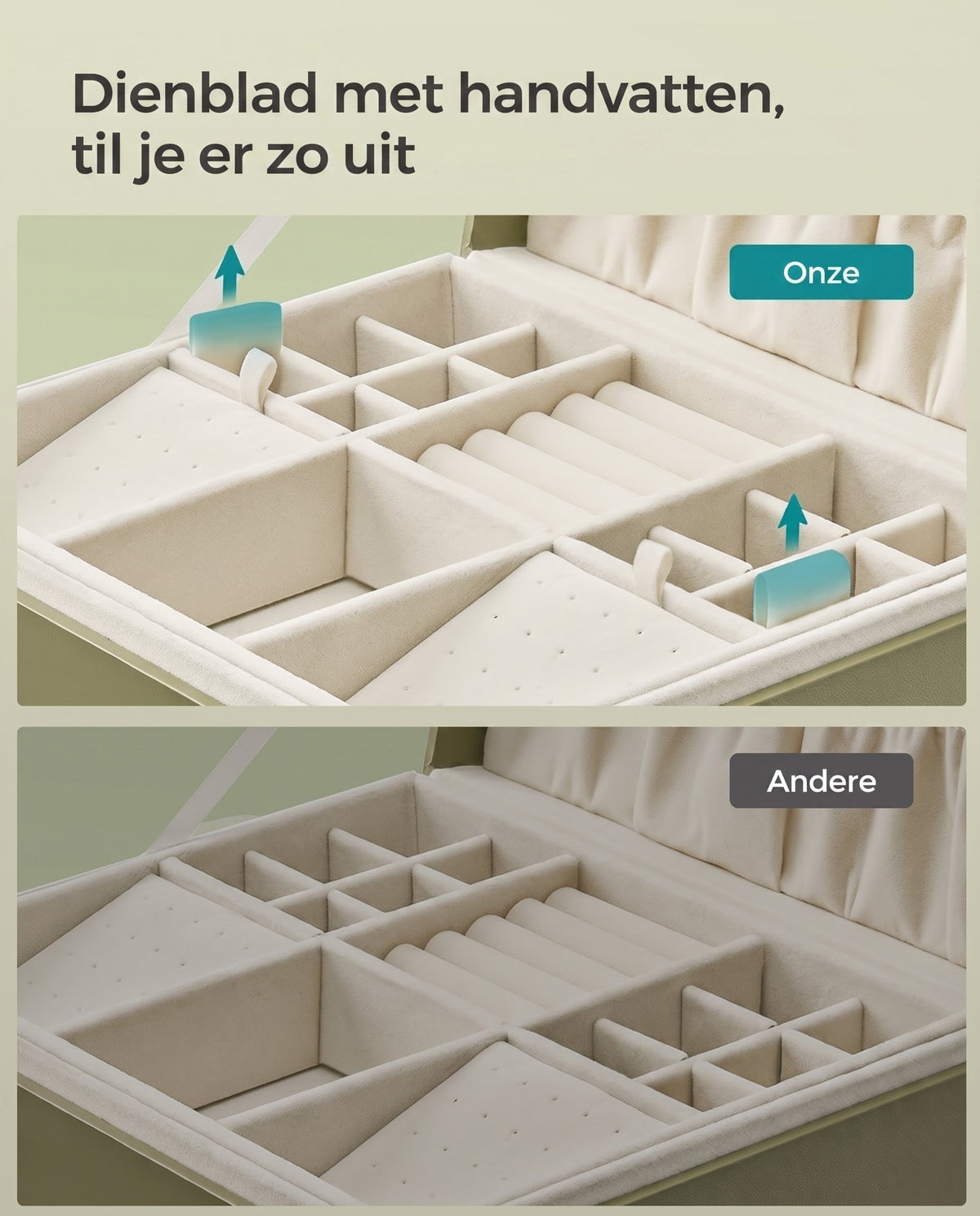 Sieradendoos met 2 Niveaus, Handvat en Flexibel Sieradenbakje, 20,5 x 24 x 11 cm