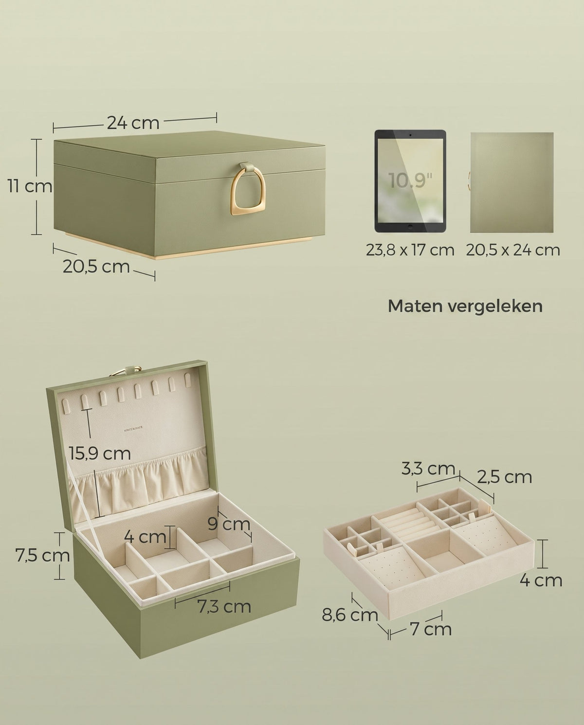 Sieradendoos met 2 Niveaus, Handvat en Flexibel Sieradenbakje, 20,5 x 24 x 11 cm