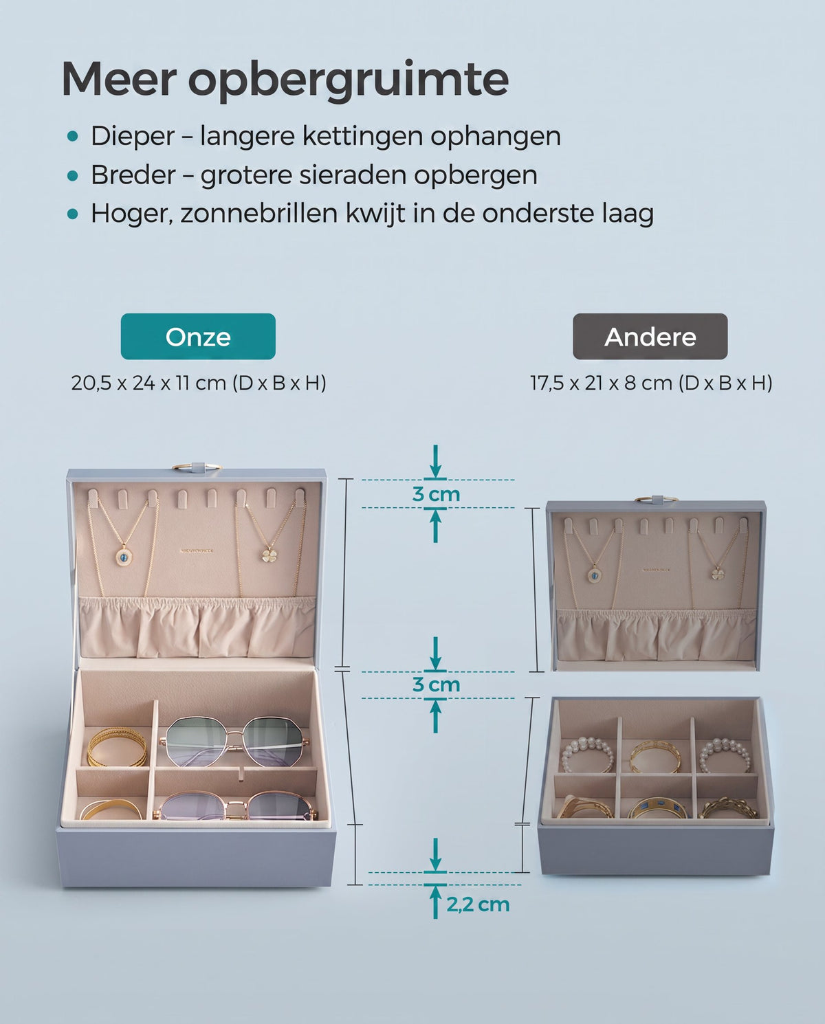 Sieradendoos met 2 Niveaus, Handvat en Flexibel Sieradenbakje, 20,5 x 24 x 11 cm
