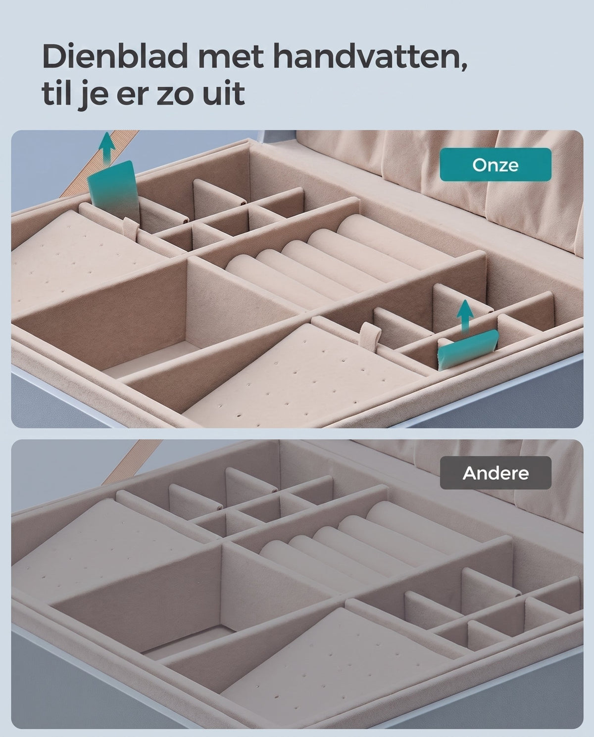 Sieradendoos met 2 Niveaus, Handvat en Flexibel Sieradenbakje, 20,5 x 24 x 11 cm