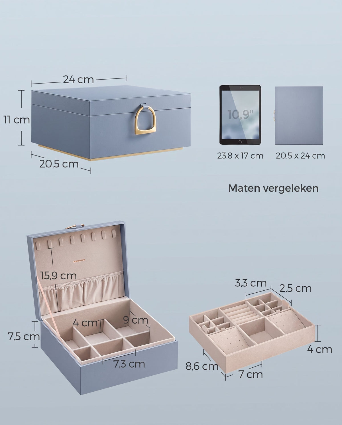 Sieradendoos met 2 Niveaus, Handvat en Flexibel Sieradenbakje, 20,5 x 24 x 11 cm