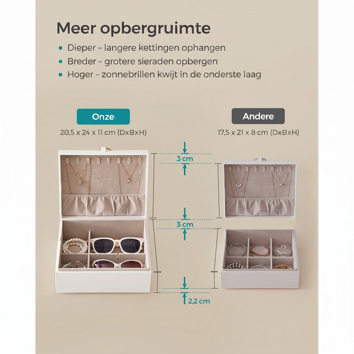Sieradendoos met 2 Niveaus, Handvat en Flexibel Sieradenbakje, 20,5 x 24 x 11 cm