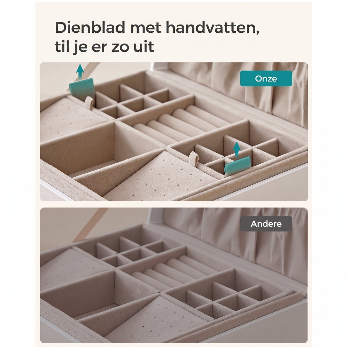 Sieradendoos met 2 Niveaus, Handvat en Flexibel Sieradenbakje, 20,5 x 24 x 11 cm