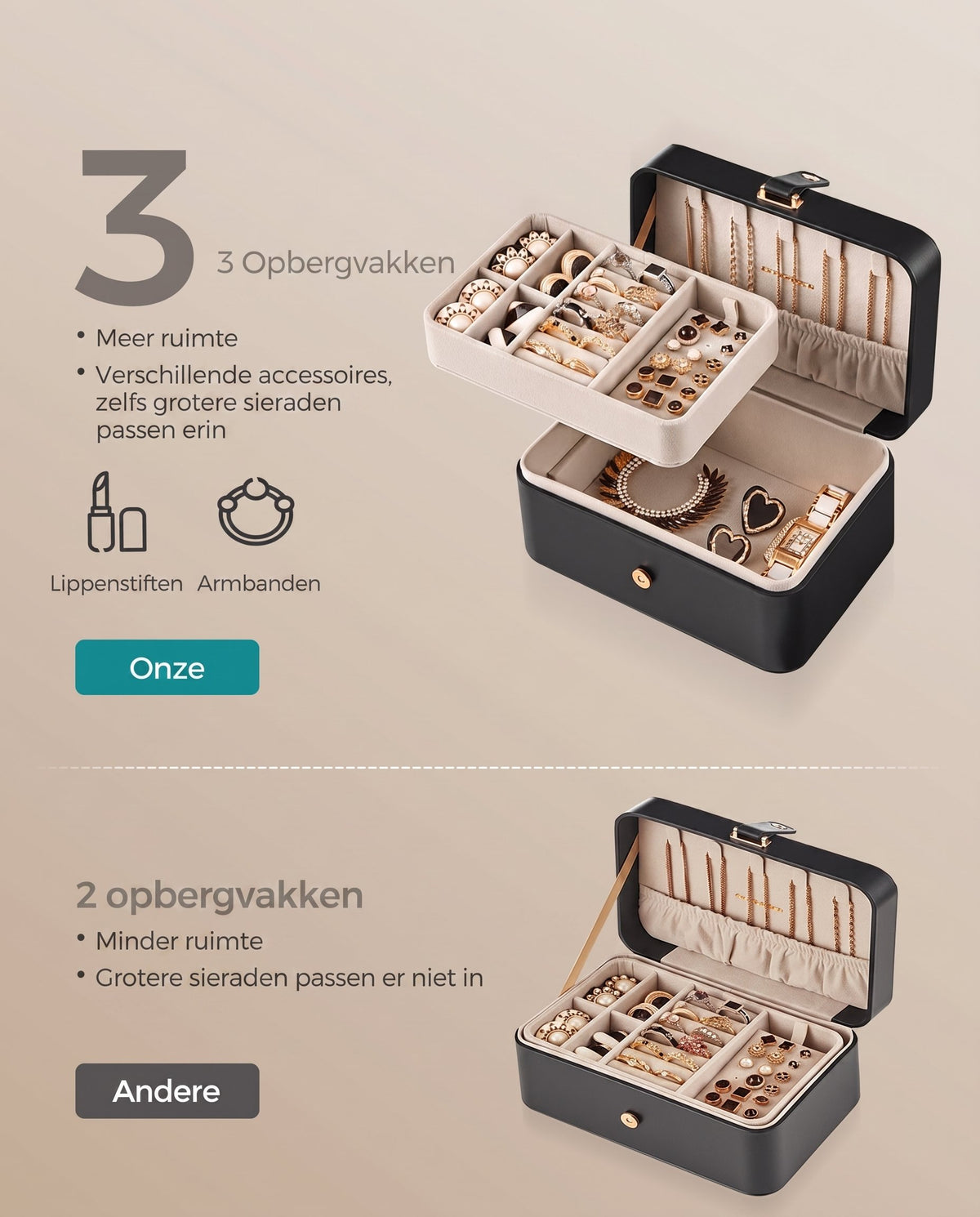 Reissieradendoos met 3 Vakken, Kettinghaken en Magneetsluiting, 11 x 16 x 8 cm