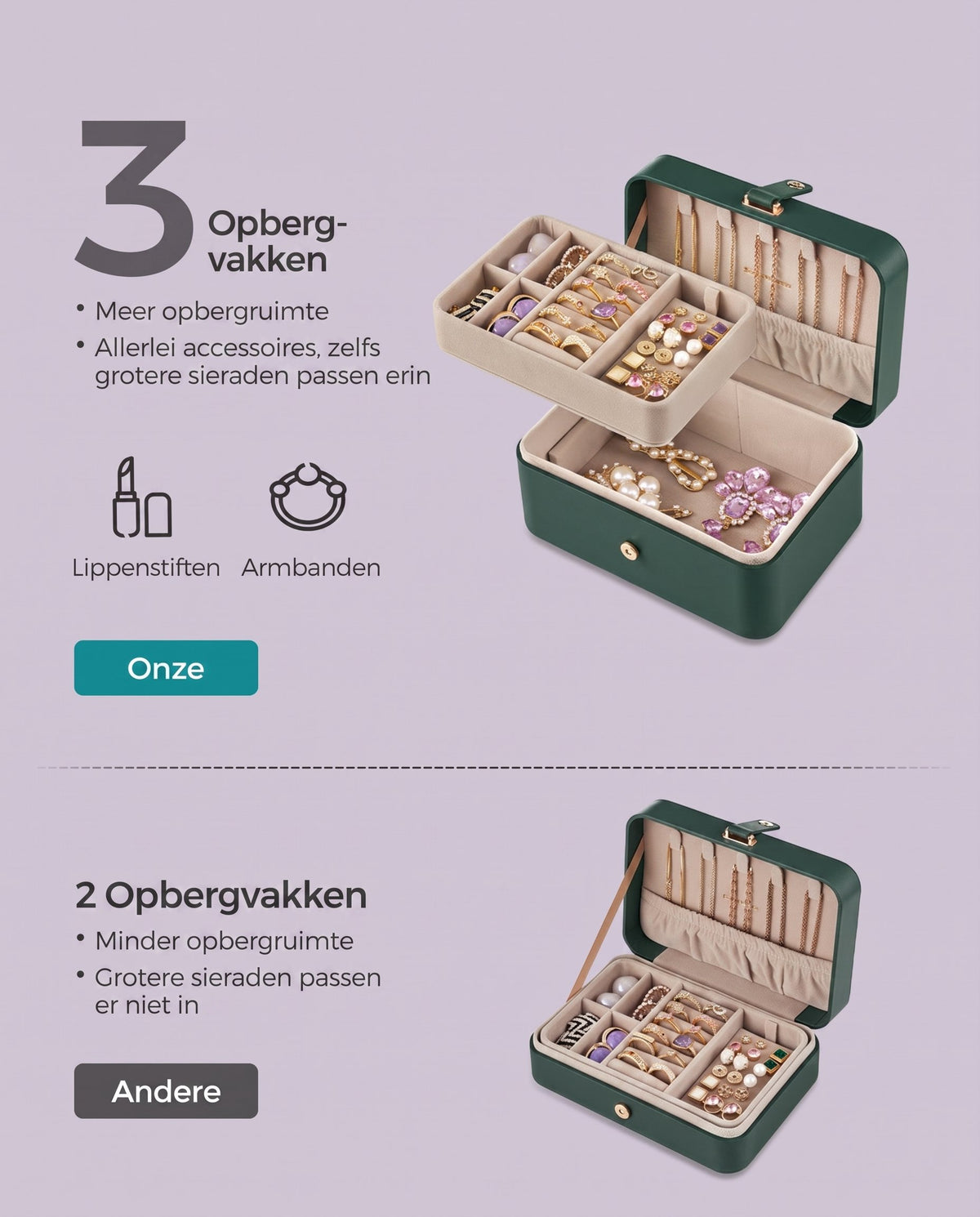 Reissieradendoos met 3 Vakken, Kettinghaken en Magneetsluiting, 11 x 16 x 8 cm