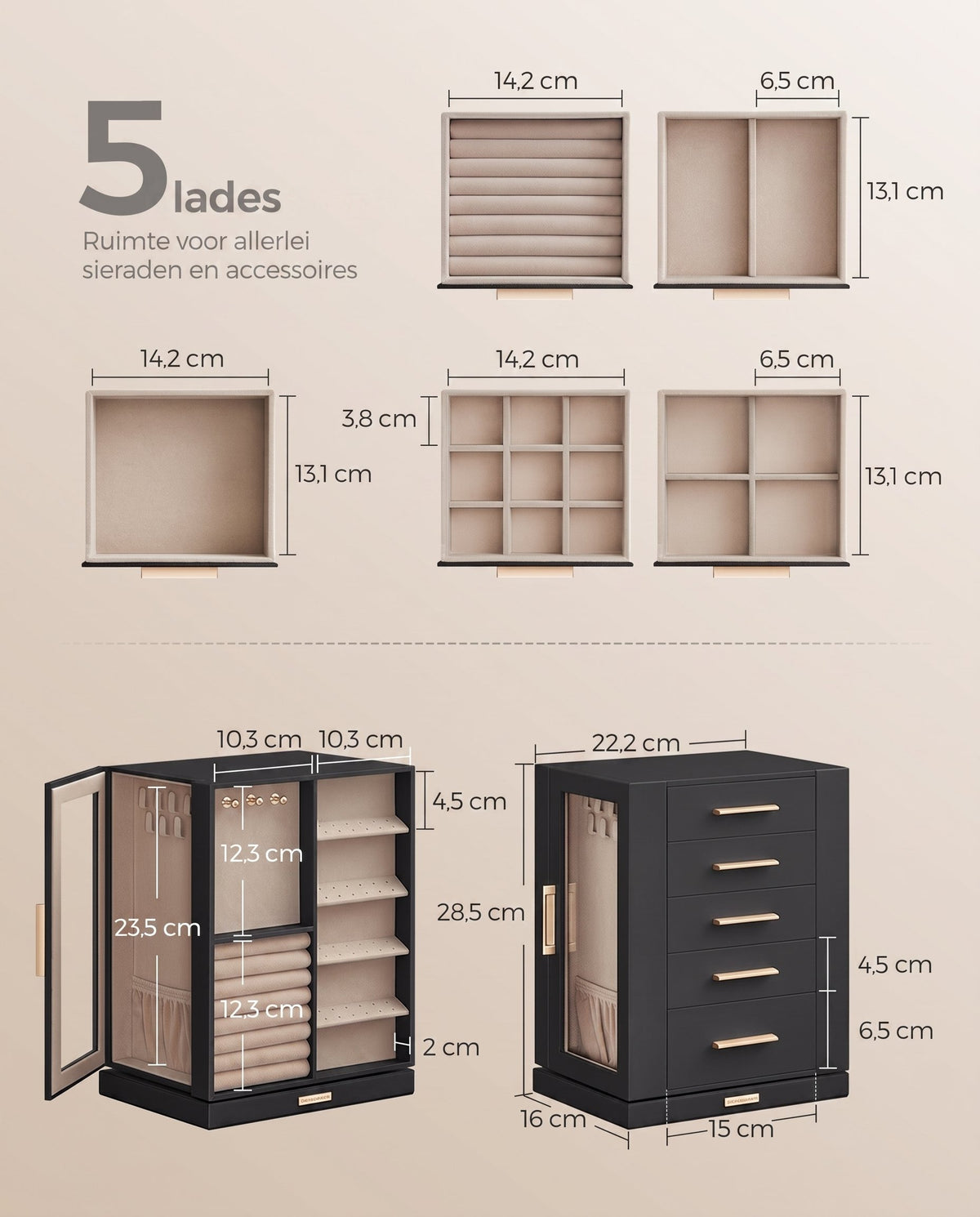 Sieradendoos 360° Draaibaar met 5 Laden en 18 Kettinghaken, 16 x 22,2 x 28,5 cm