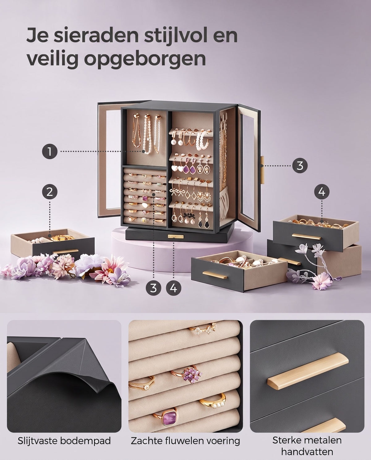 Sieradendoos 360° Draaibaar met 5 Laden en 18 Kettinghaken, 16 x 22,2 x 28,5 cm
