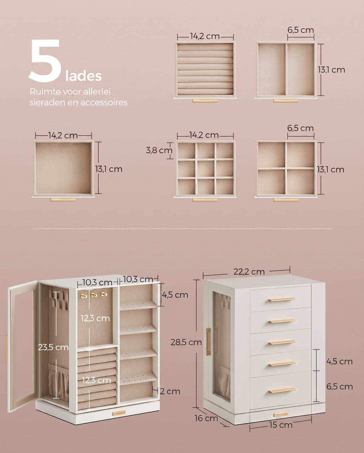 Sieradendoos 360° Draaibaar met 5 Laden en 18 Kettinghaken, 16 x 22,2 x 28,5 cm