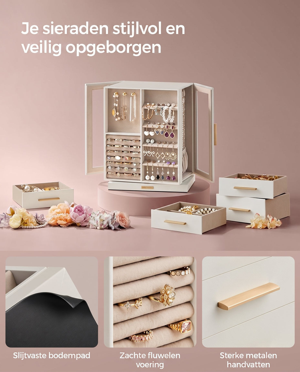 Sieradendoos 360° Draaibaar met 5 Laden en 18 Kettinghaken, 16 x 22,2 x 28,5 cm
