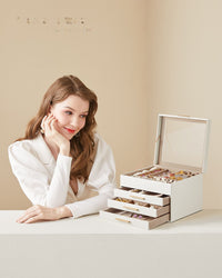 Sieradendoos met Glazen Deksel en 4 Lagen, 3 of 4 Laden, 20,3 x 23,1 cm